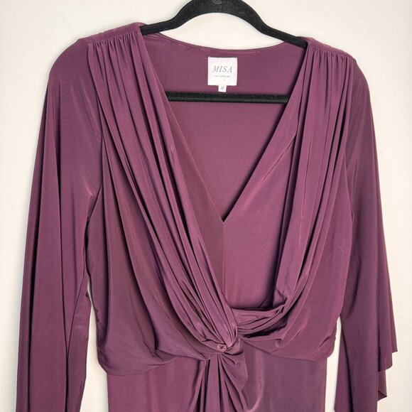 Misa Los Angeles Teget Twist Front Draped Mini Dress Bell Sleeves Plum Purple Si - Picture 12 of 14